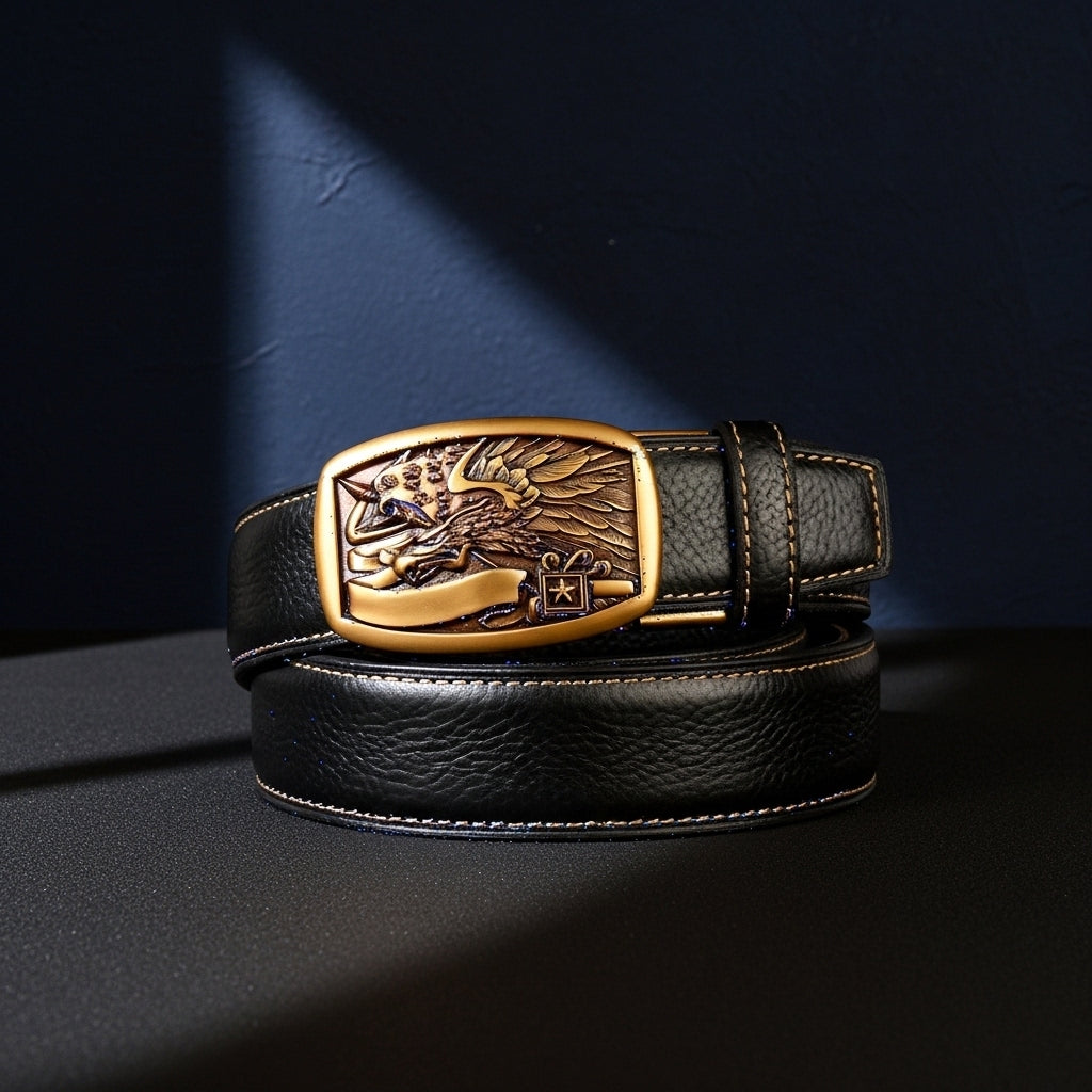 Ceinture homme Célestin 12 en cuir noir avec boucle automatique dorée ornée d'un aigle sculpté et d'un ruban, style texturé 20T, largeur 3.5 cm. #fullwidth