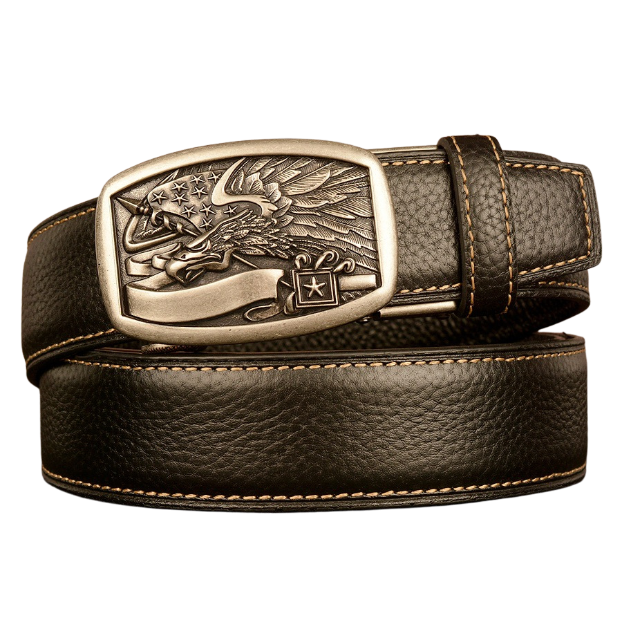 Ceinture homme Célestin 12 en cuir noir avec boucle argentée ornée d'un aigle et d'un drapeau américain