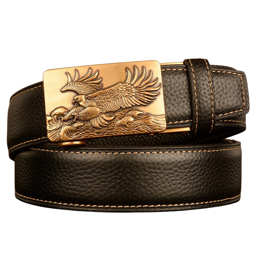 Ceinture homme Célestin 13 en cuir noir texturé avec boucle automatique dorée ornée d'un aigle en plein vol.