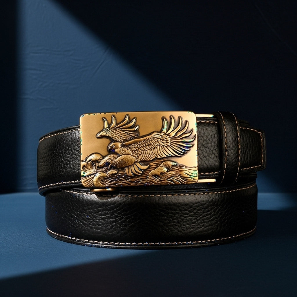 Ceinture homme Célestin 13 en cuir noir avec boucle automatique plaquée or ornée d'un aigle en plein vol sur des vagues. #fullwidth
