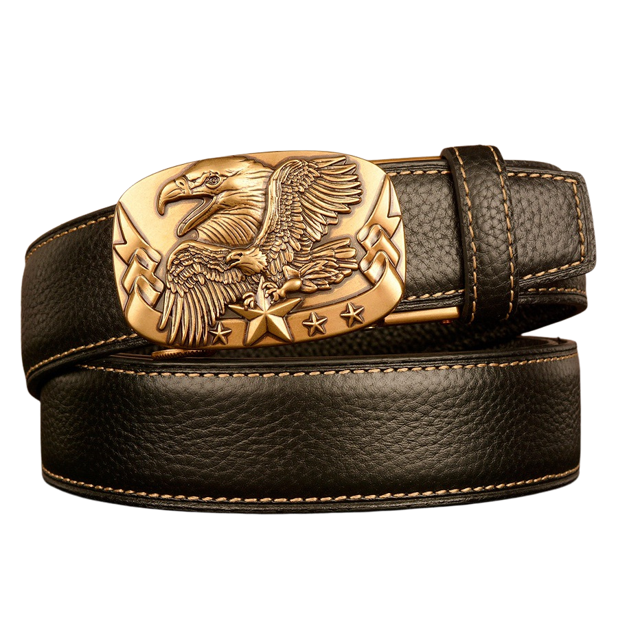Ceinture homme Célestin 14 en cuir noir avec boucle automatique dorée ornée d'un aigle et d'étoiles.