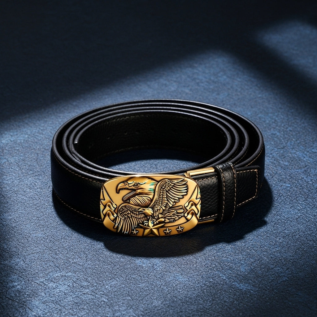 Ceinture homme Célestin 14 en cuir noir avec une boucle automatique dorée ornée d'un aigle stylisé et d'étoiles. #fullwidth