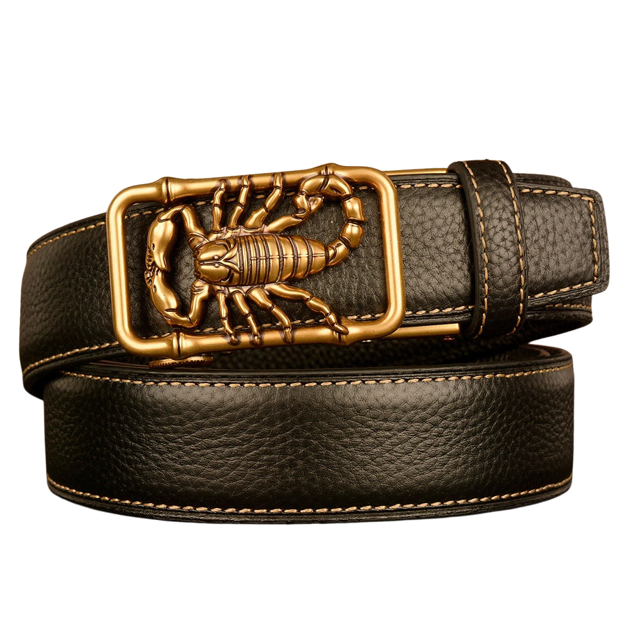 Ceinture homme Célestin 2 en cuir noir texturé avec boucle automatique dorée ornée d'un scorpion et d'une tige de bambou