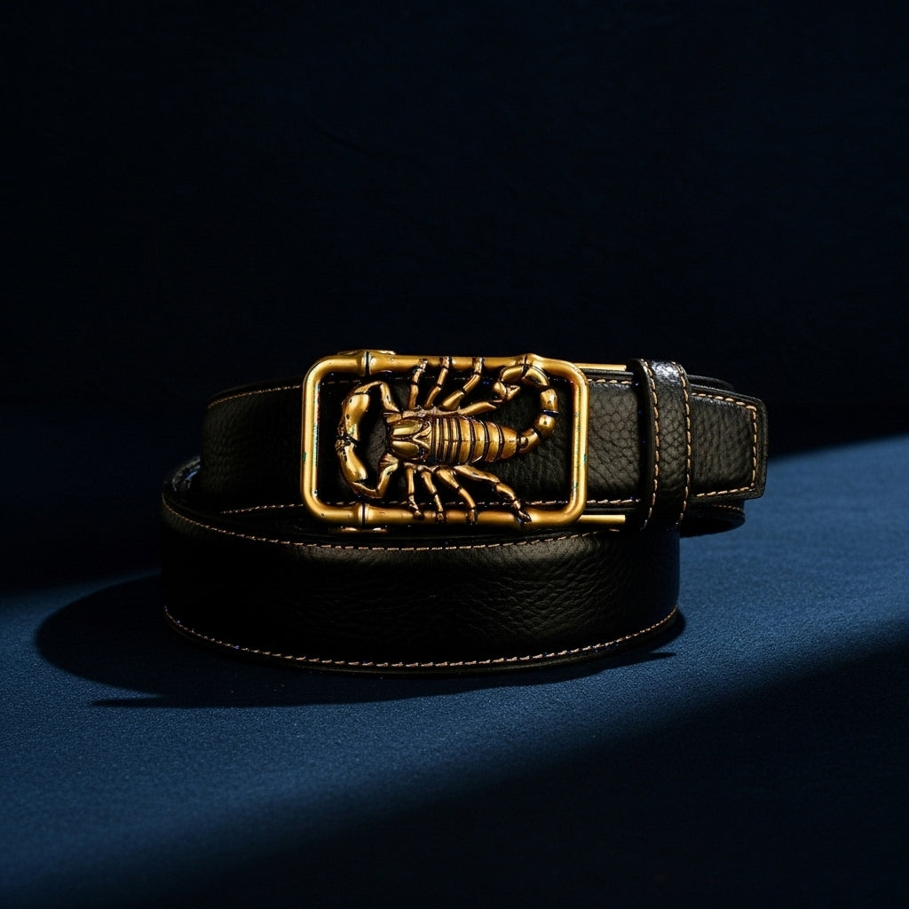 Ceinture homme Célestin 2 en cuir noir avec boucle automatique dorée ornée d'un scorpion et coutures apparentes. #fullwidth