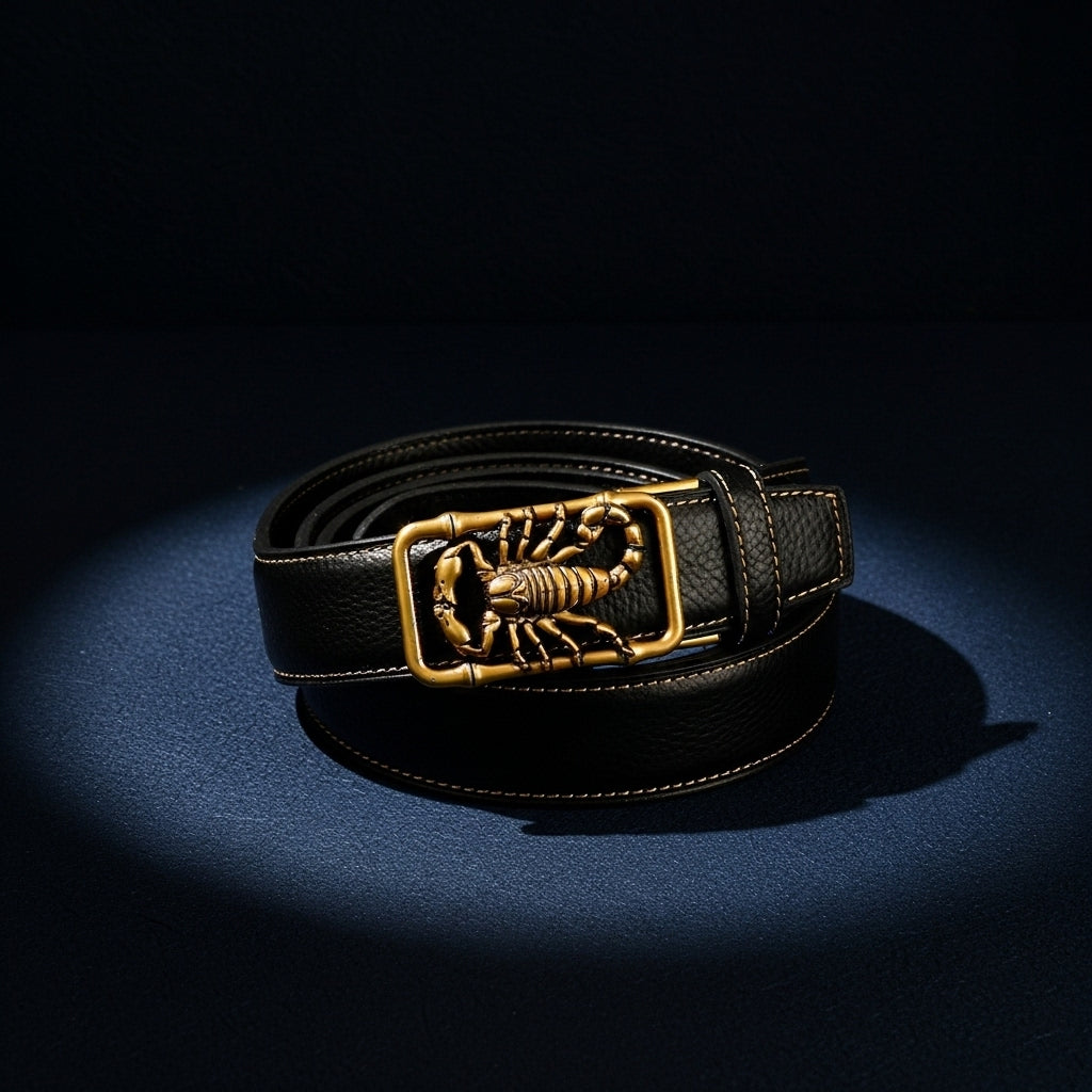 Ceinture homme noire Célestin 2 en cuir pleine fleur avec boucle dorée en forme de scorpion sur fond bleu #fullwidth