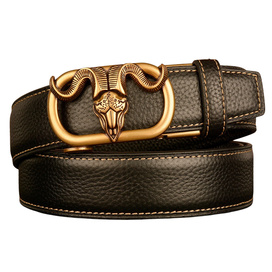 Ceinture homme Célestin 3 en cuir noir texturé avec boucle automatique dorée ornée d'une tête de bélier.
