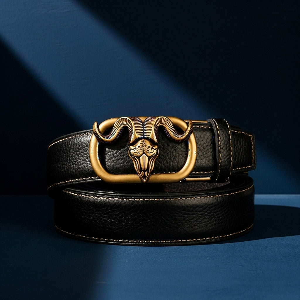 Ceinture homme Célestin 3 en cuir noir avec une boucle automatique dorée ornée d'une tête de bélier ornée. #fullwidth