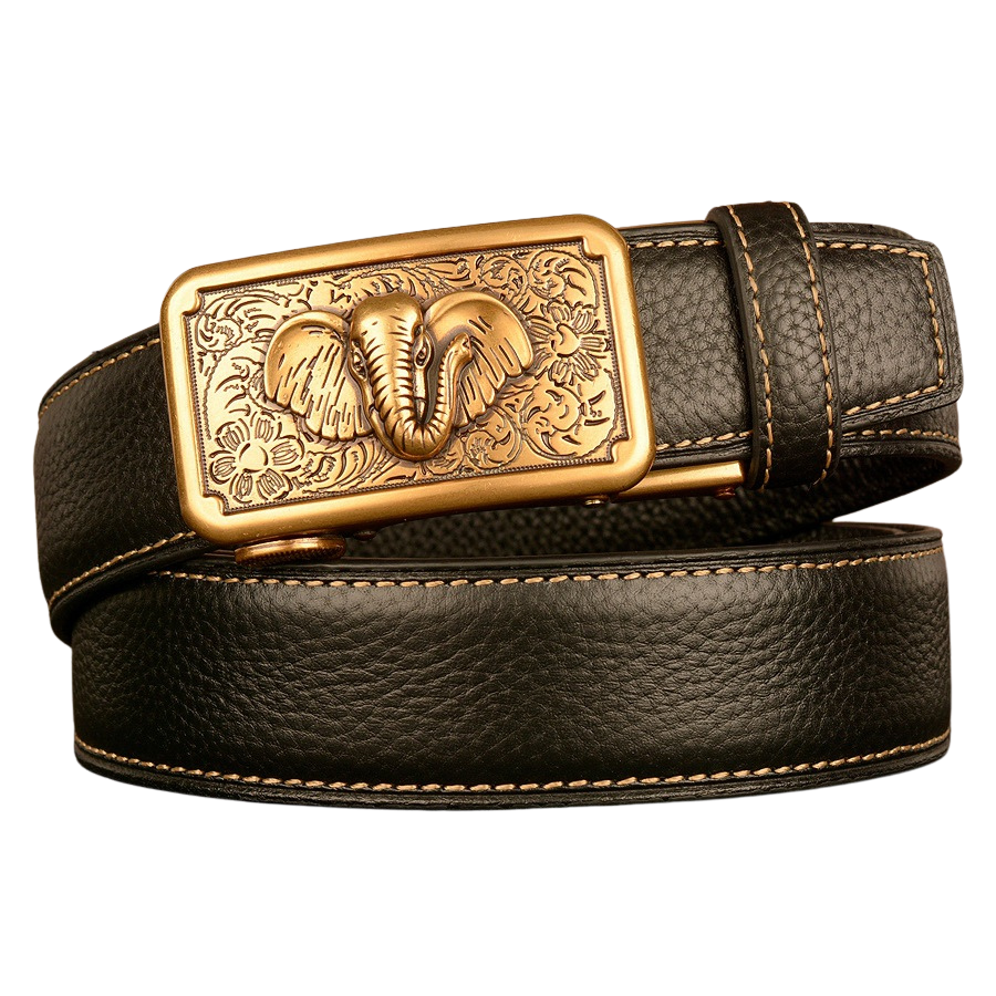 Ceinture homme Célestin 4 en cuir noir avec boucle automatique dorée ornée d'un éléphant et de motifs floraux.