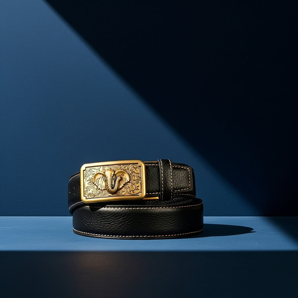 Ceinture homme Célestin 4 en cuir noir avec boucle rectangulaire dorée ornée d'un éléphant en relief et coutures apparentes. #fullwidth