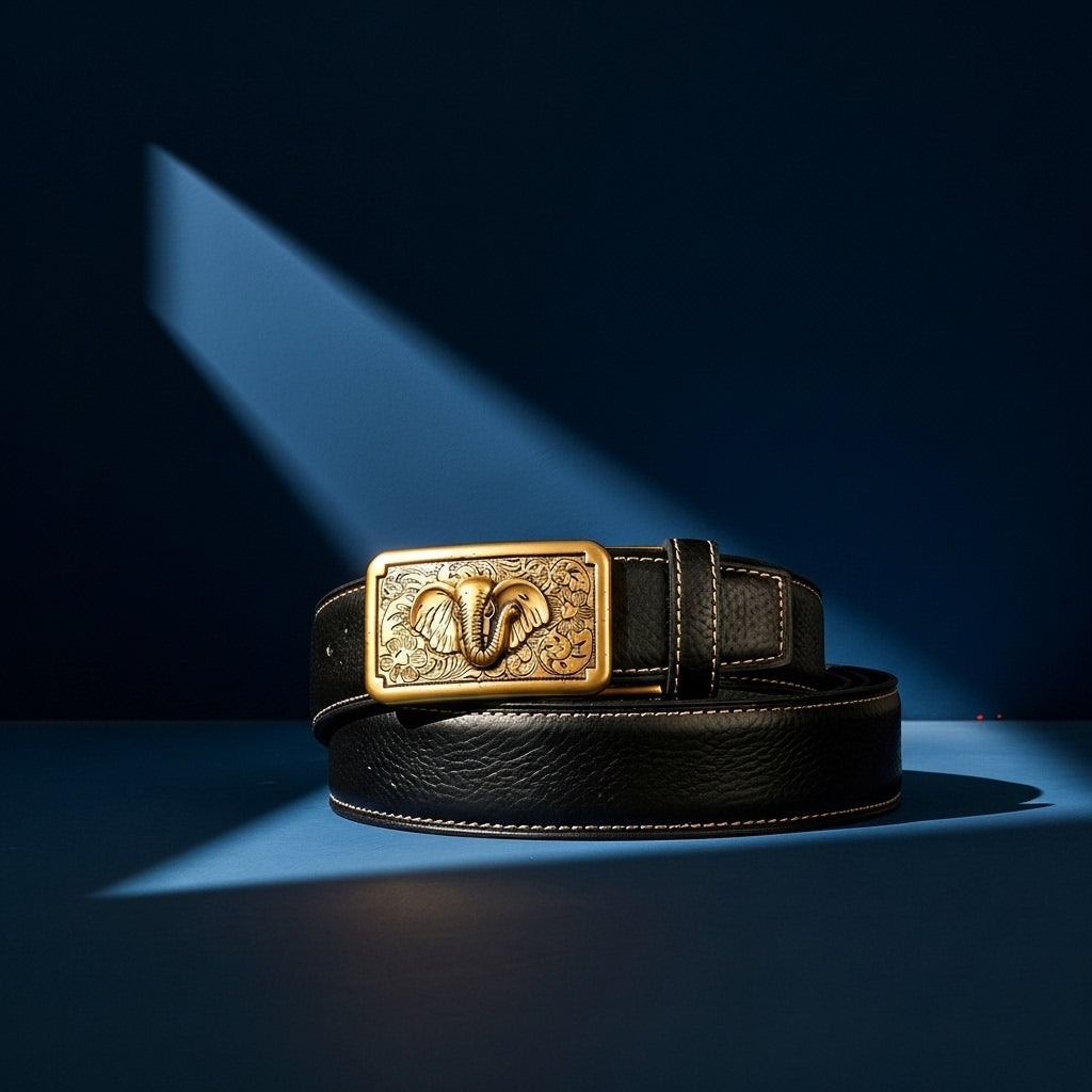 Ceinture homme Célestin 4 en cuir noir avec une boucle rectangulaire dorée ornée d'un éléphant gravé et de motifs floraux, coutures blanches apparentes, style texturé 20T #fullwidth