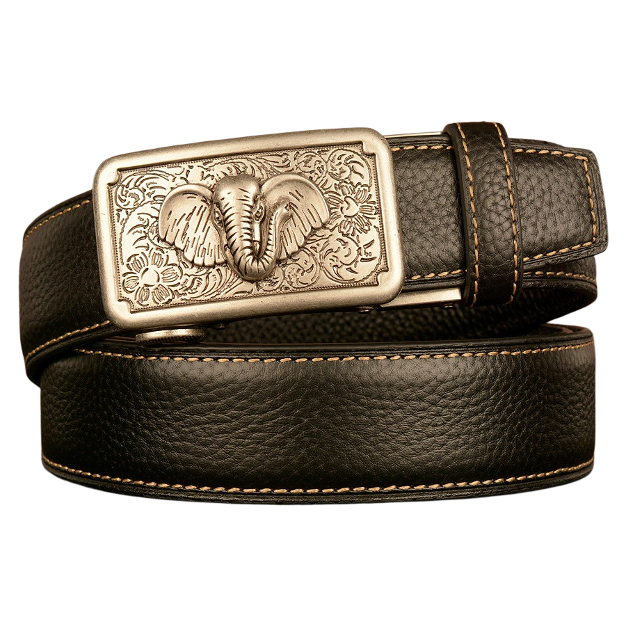 Ceinture homme Célestin 4 en cuir noir avec boucle automatique argentée ornée d'un éléphant et de motifs floraux, largeur 3,5 cm #fullwidth