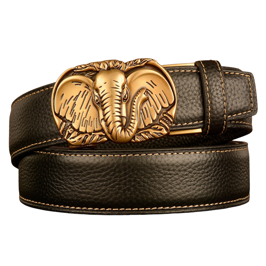 Ceinture homme Célestin 5 en cuir noir avec boucle automatique dorée ornée d'une tête d'éléphant texturée.