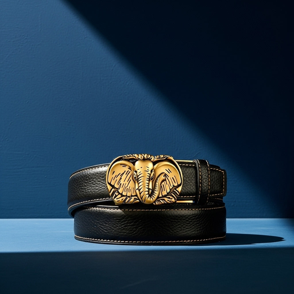 Ceinture homme Célestin 5 en cuir noir avec boucle automatique dorée ornée d'un éléphant texturé #fullwidth