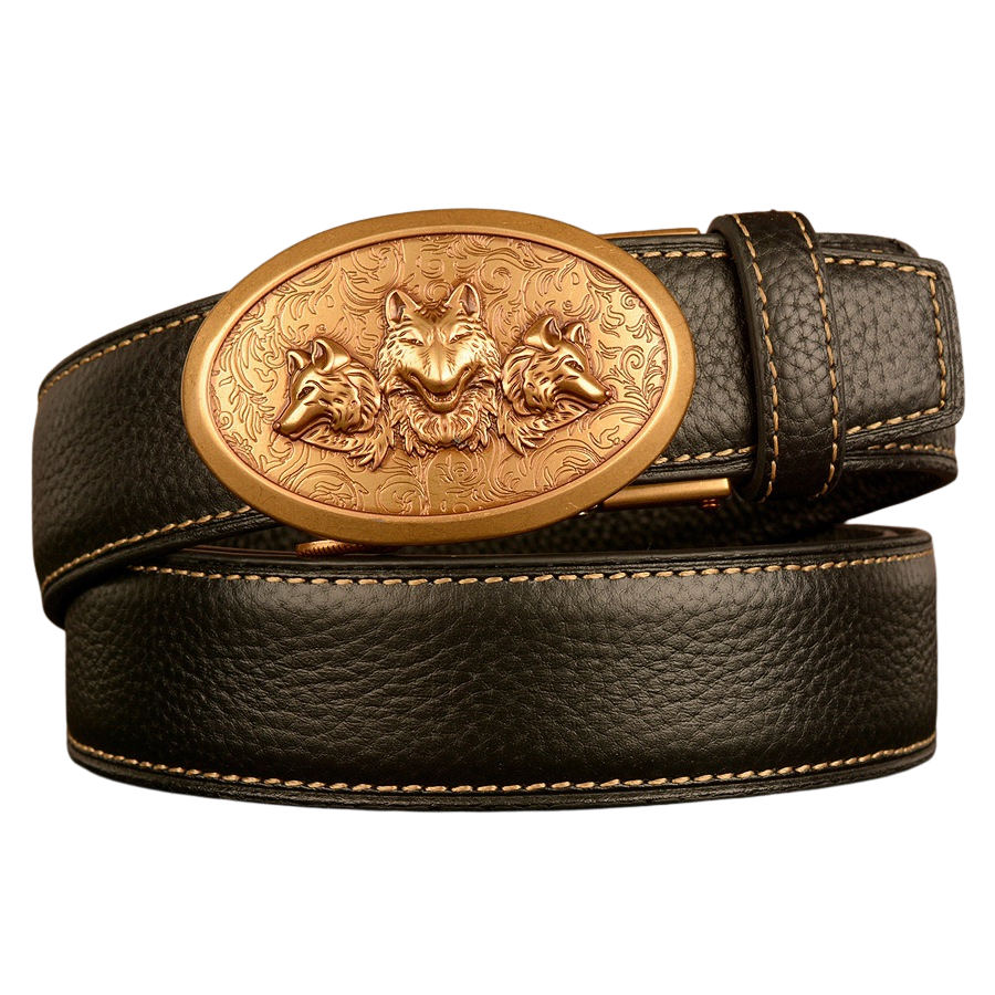 Ceinture homme Célestin 6 en cuir noir grainé avec boucle ovale dorée ornée de trois têtes de loup et de motifs floraux gravés. Coutures contrastées beige. Largeur 3,5 cm.