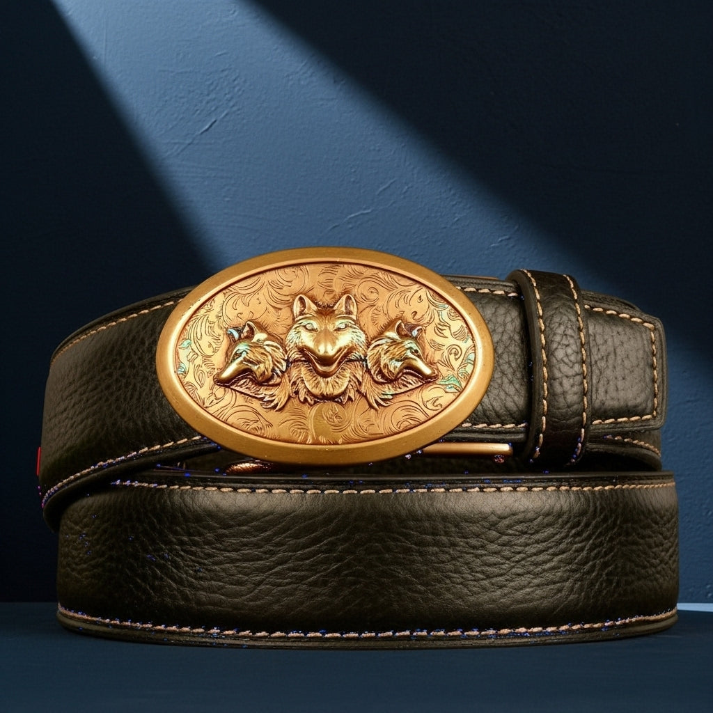 Ceinture homme Célestin 6 en cuir noir grainé avec une boucle ovale dorée ornée de trois têtes de loup gravées sur fond texturé bleu #fullwidth