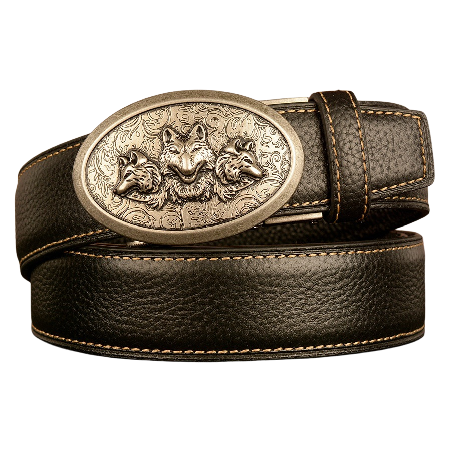 Ceinture homme Célestin 6 en cuir pleine fleur noir avec boucle argentée ornée de trois têtes de loups et de motifs floraux