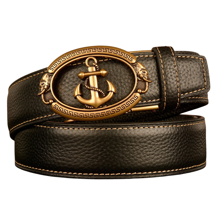 Ceinture homme Célestin 7 en cuir noir texturé avec boucle ovale dorée ornée d'une ancre et de têtes d'éléphants.