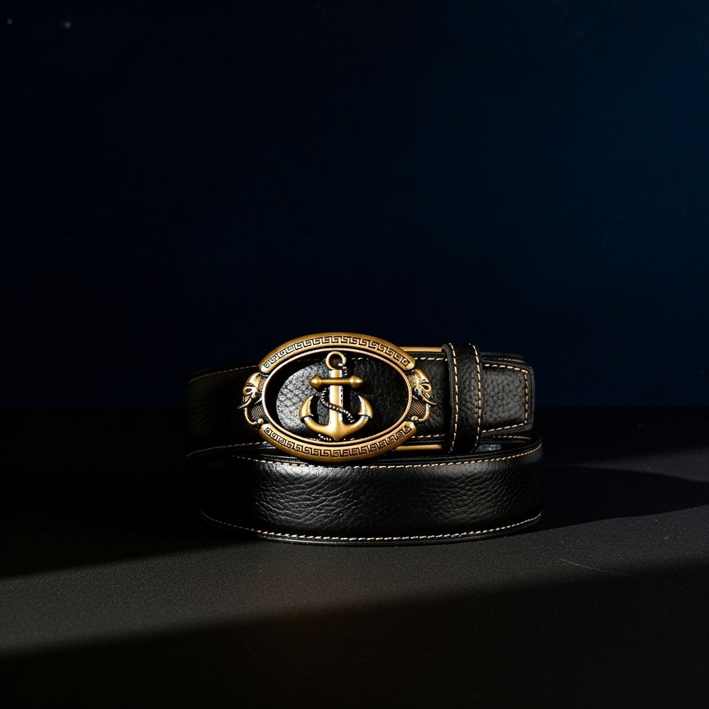 Ceinture homme Célestin 7 en cuir noir avec boucle ovale dorée ornée d'une ancre et de motifs grecs, coutures blanches apparentes. #fullwidth