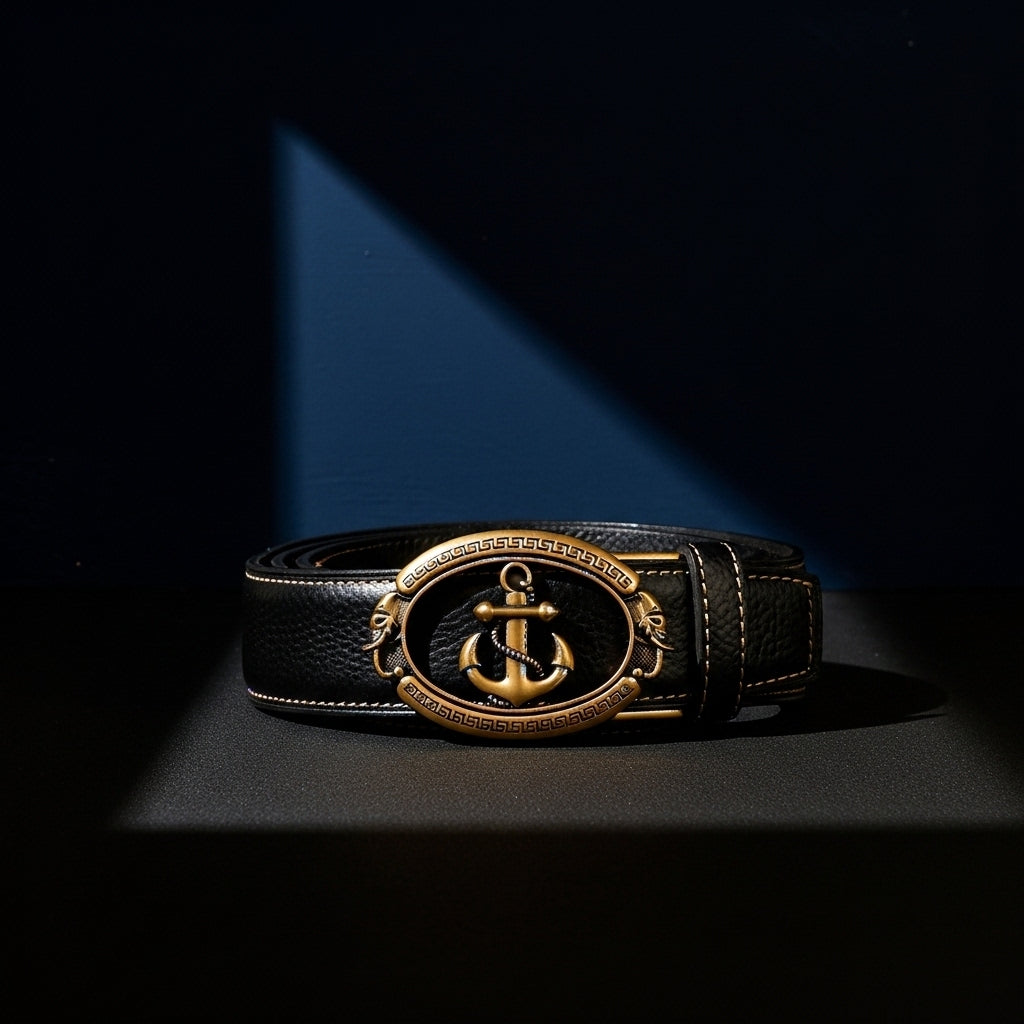 Ceinture homme Célestin 7 en cuir noir avec boucle ovale dorée ornée d'une ancre et de motifs grecs. #fullwidth