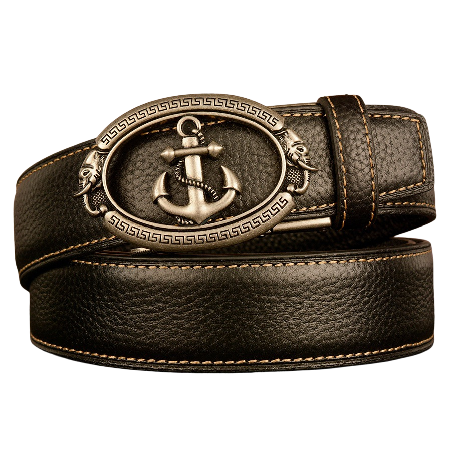 Ceinture homme Célestin 7 en cuir noir avec boucle argentée ornée d'une ancre et d'éléphants