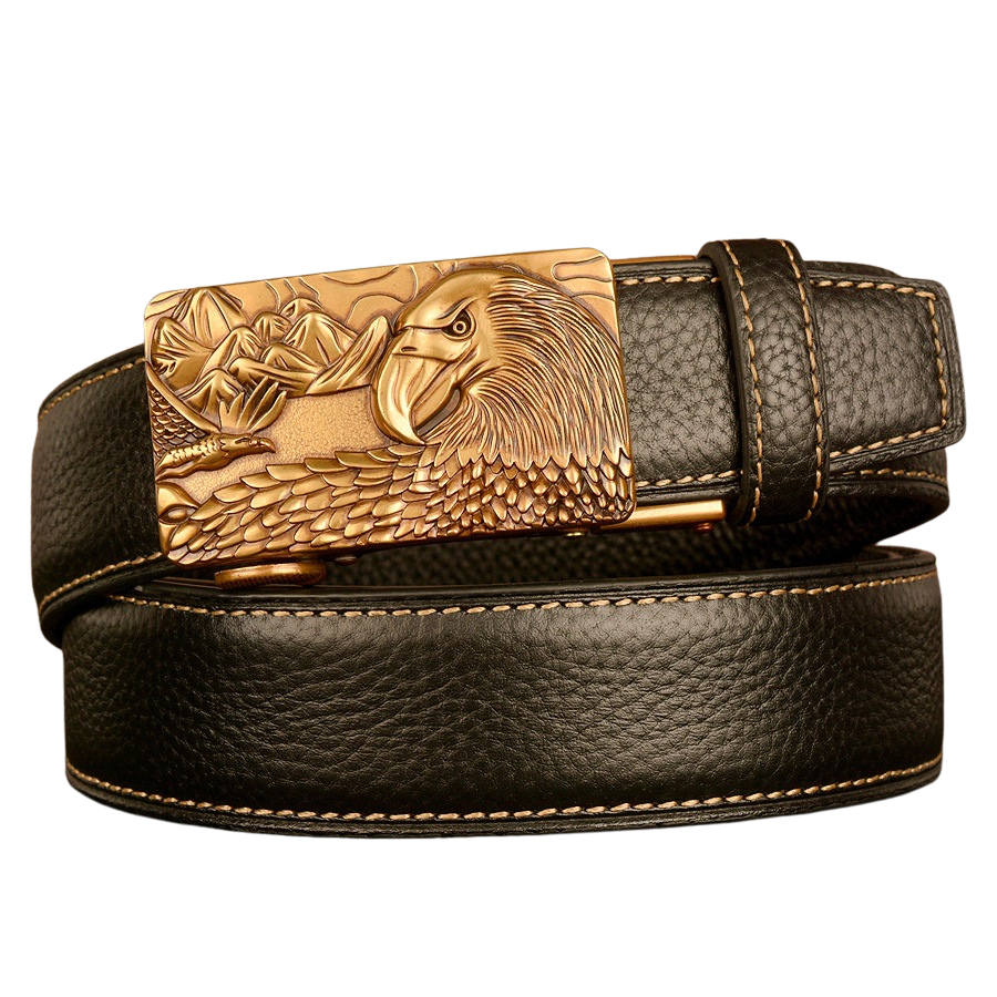 Ceinture homme Célestin 8 en cuir noir avec boucle automatique dorée ornée d'un aigle majestueux et de montagnes