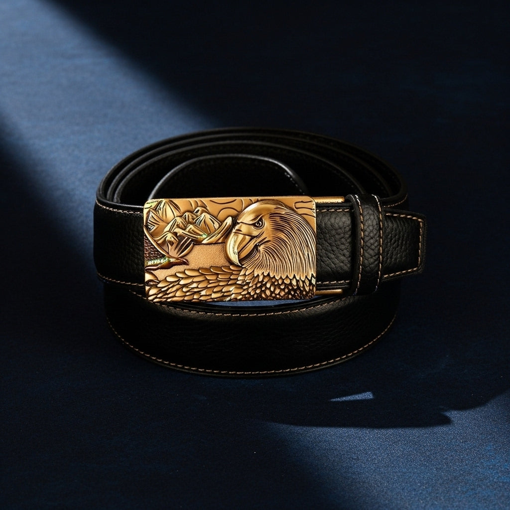 Ceinture homme Célestin 8 noire avec boucle automatique dorée ornée d'un aigle et de montagnes #fullwidth