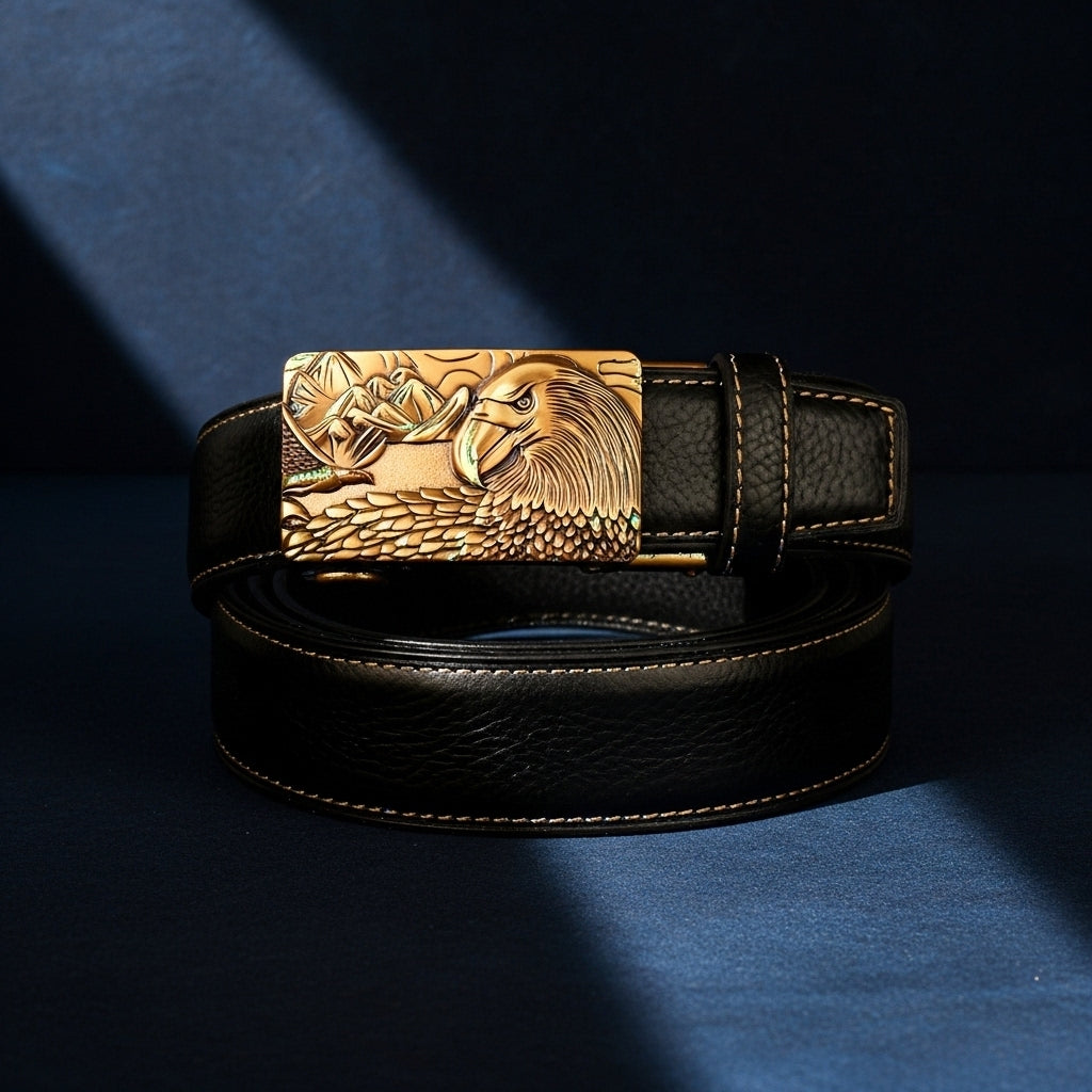 Ceinture homme Célestin 8 en cuir noir avec boucle automatique dorée ornée d'un aigle et d'un paysage. #fullwidth