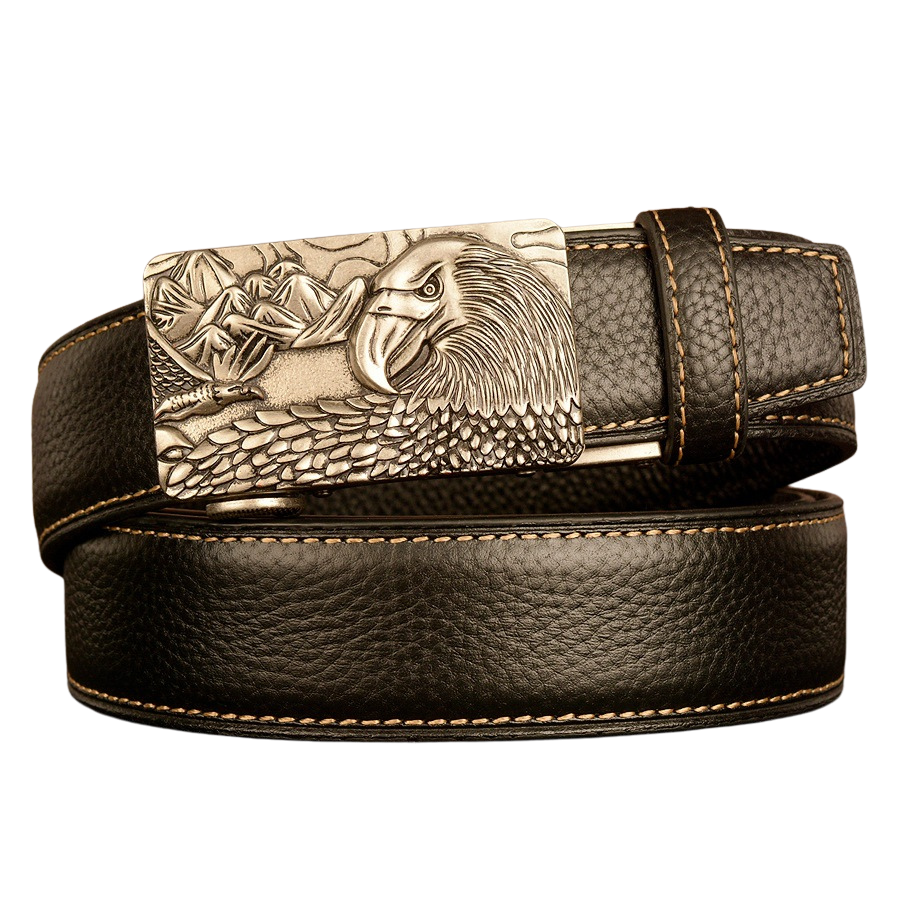 Ceinture homme Célestin 8 en cuir noir avec boucle argentée ornée d'un aigle et d'un paysage montagneux.