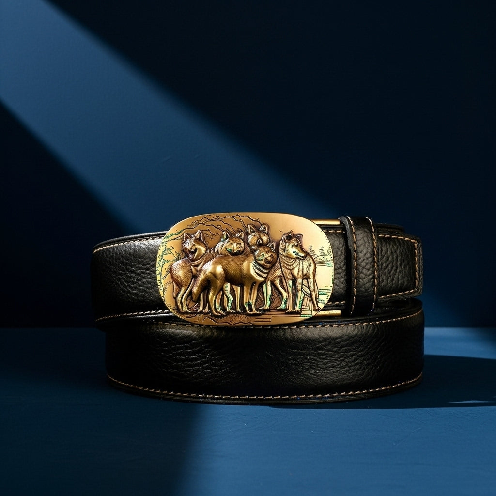 Ceinture homme Célestin 9 en cuir noir avec une boucle ovale gravée d'une meute de loups dorée, sur fond bleu #fullwidth