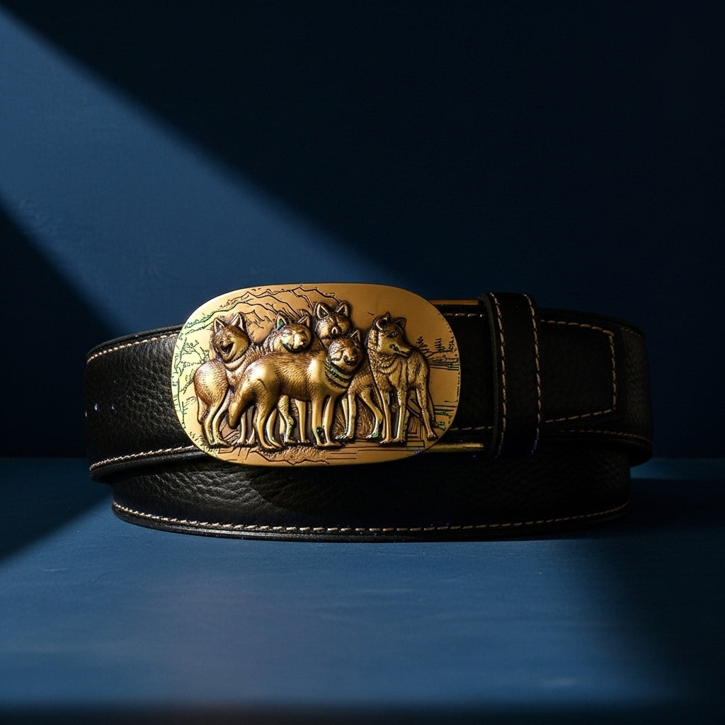 Ceinture homme Célestin 9 en cuir noir avec une boucle ovale en alliage doré représentant une meute de loups en relief, sur fond bleu #fullwidth