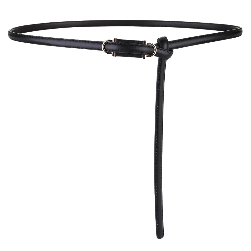 Ceinture Célestine en cuir noir pour femme, fine avec boucle D-Ring dorée et fermeture à nouer, 1 cm de largeur.