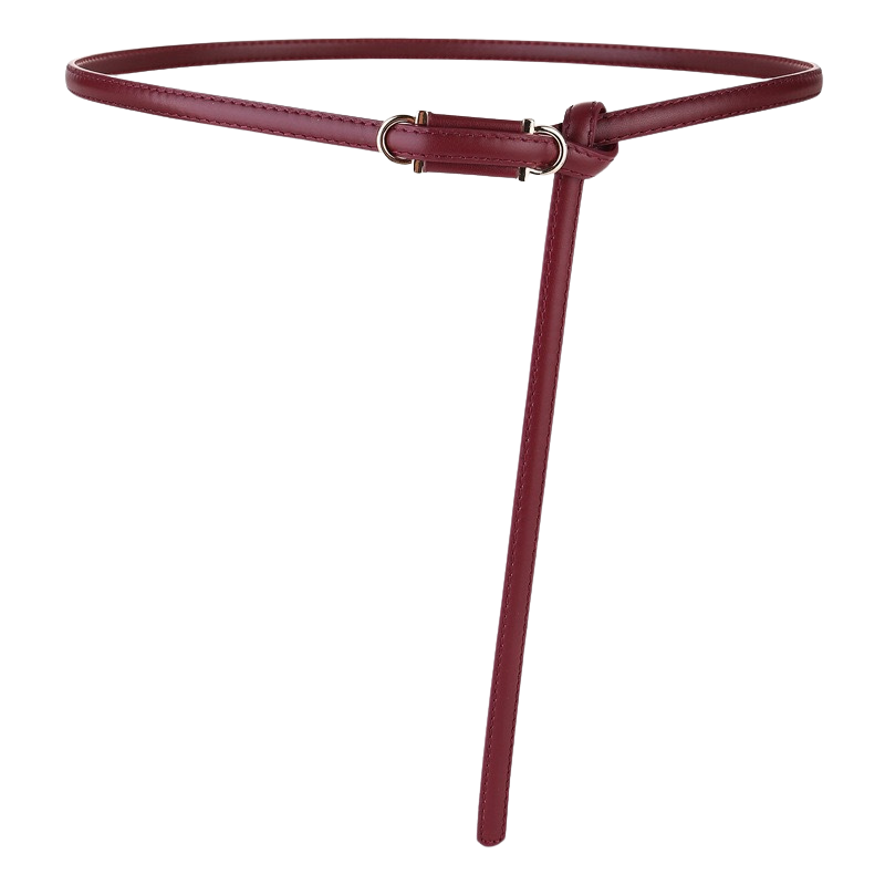 Ceinture fine en cuir bordeaux pour femme, modèle Célestine, avec boucle D-Ring dorée décorative et fermeture à nouer.