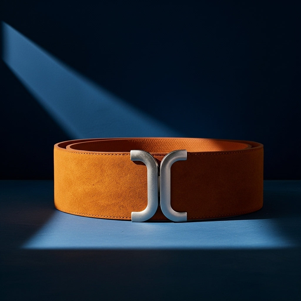 Ceinture Célia marron en cuir refendu façon daim, largeur 8 cm, avec une boucle double en C argentée. #fullwidth