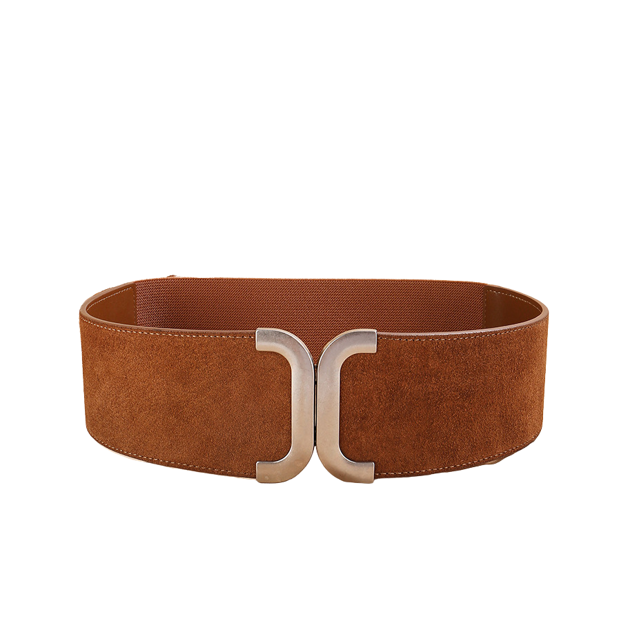 Ceinture Célia marron en cuir refendu avec finition daim, largeur 8 cm, boucle double C argentée et dos élastique.