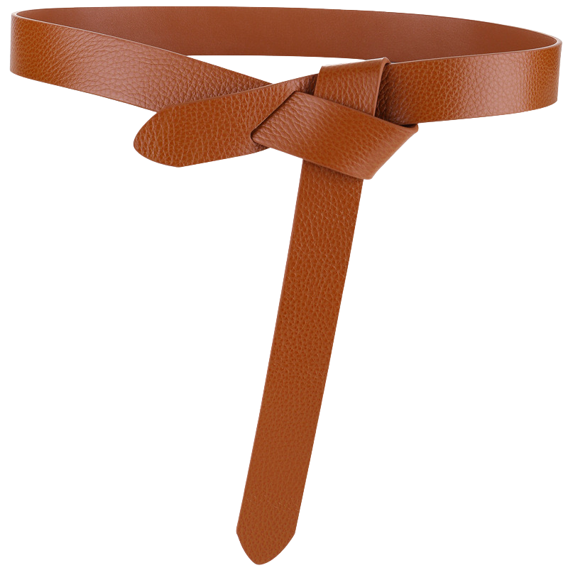 Ceinture en cuir de vachette grainée marron pour femme, modèle Céline, avec fermeture à nouer.
