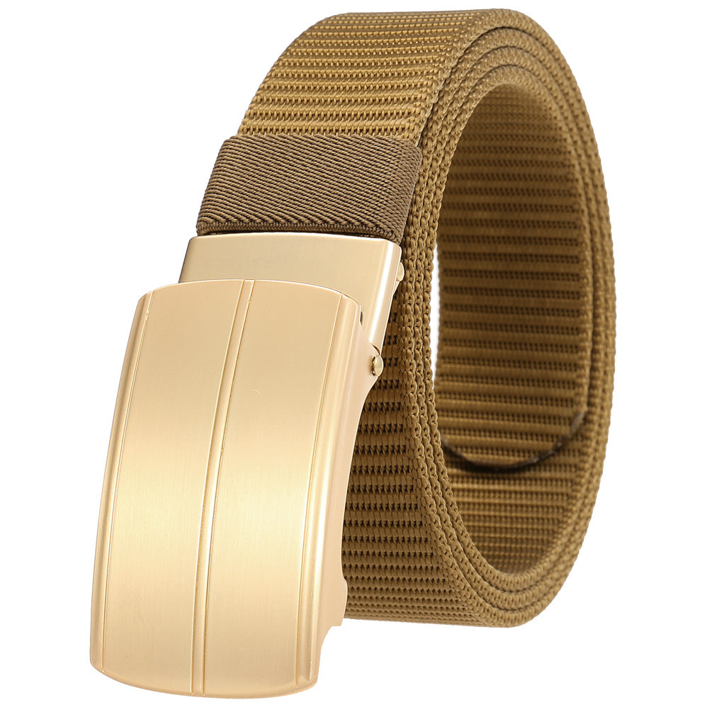 Ceinture Cézanne en tissu texturé couleur camel avec boucle automatique rectangulaire en alliage doré. #fullwidth