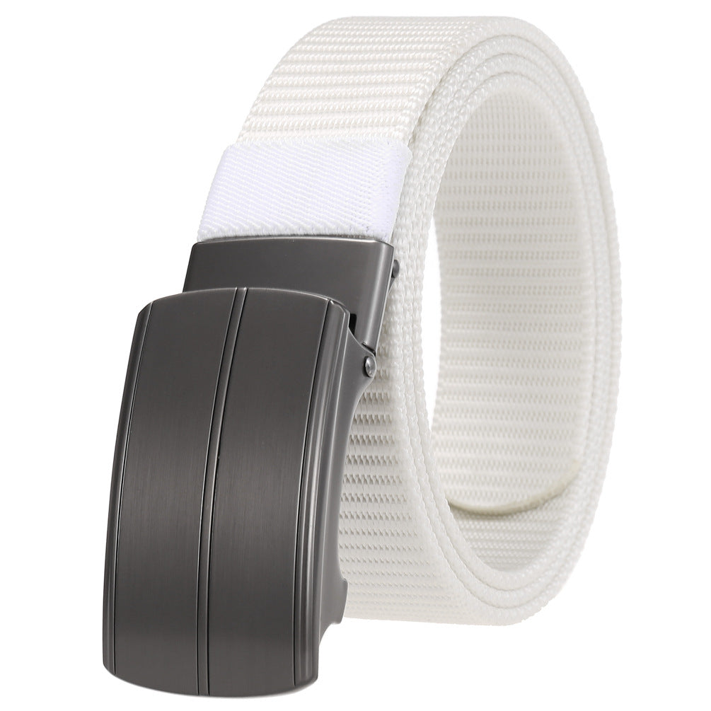 Ceinture Cézanne blanche avec boucle rectangulaire automatique en alliage gris anthracite à finition mate. #fullwidth