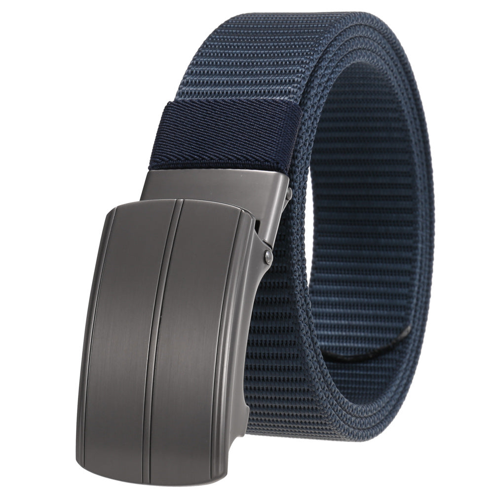 Ceinture Cézanne bleu marine avec boucle automatique rectangulaire en alliage gris foncé, style moderne et polyvalent pour homme. #fullwidth