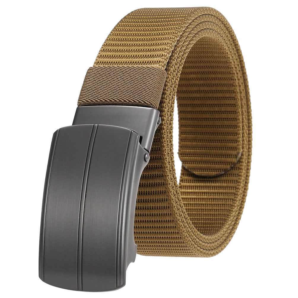 Ceinture Cézanne homme en tissu texturé couleur chameau avec boucle automatique grise rectangulaire en alliage. #fullwidth
