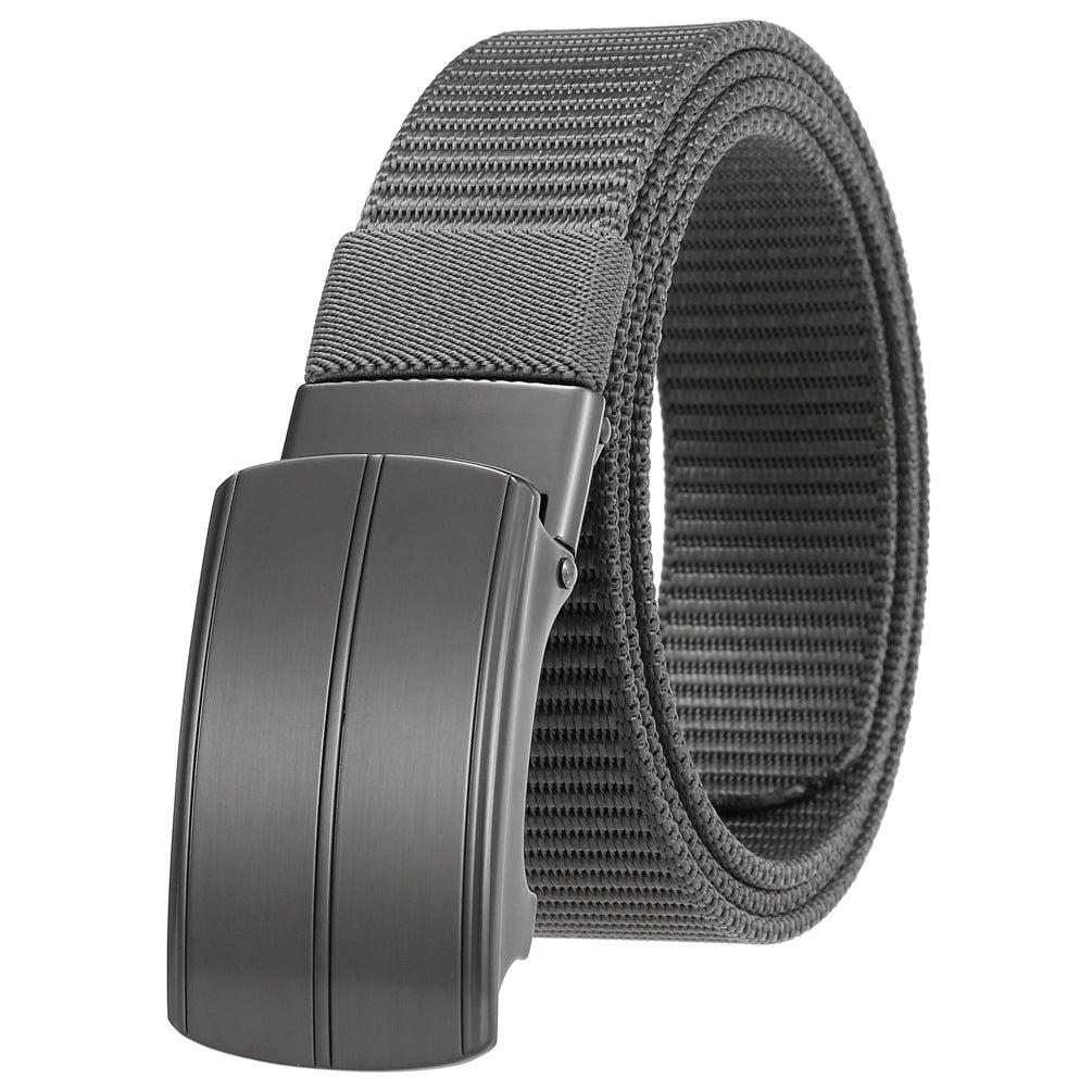 Ceinture Cézanne grise en tissu texturé avec une boucle rectangulaire automatique en alliage gris sans dents.