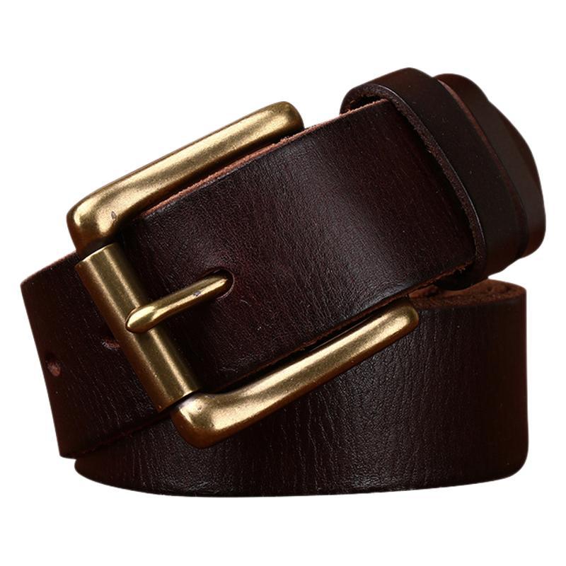 Ceinture homme en cuir pleine fleur marron modèle Villandry avec boucle ardillon carrée en cuivre, style artisanal vintage.