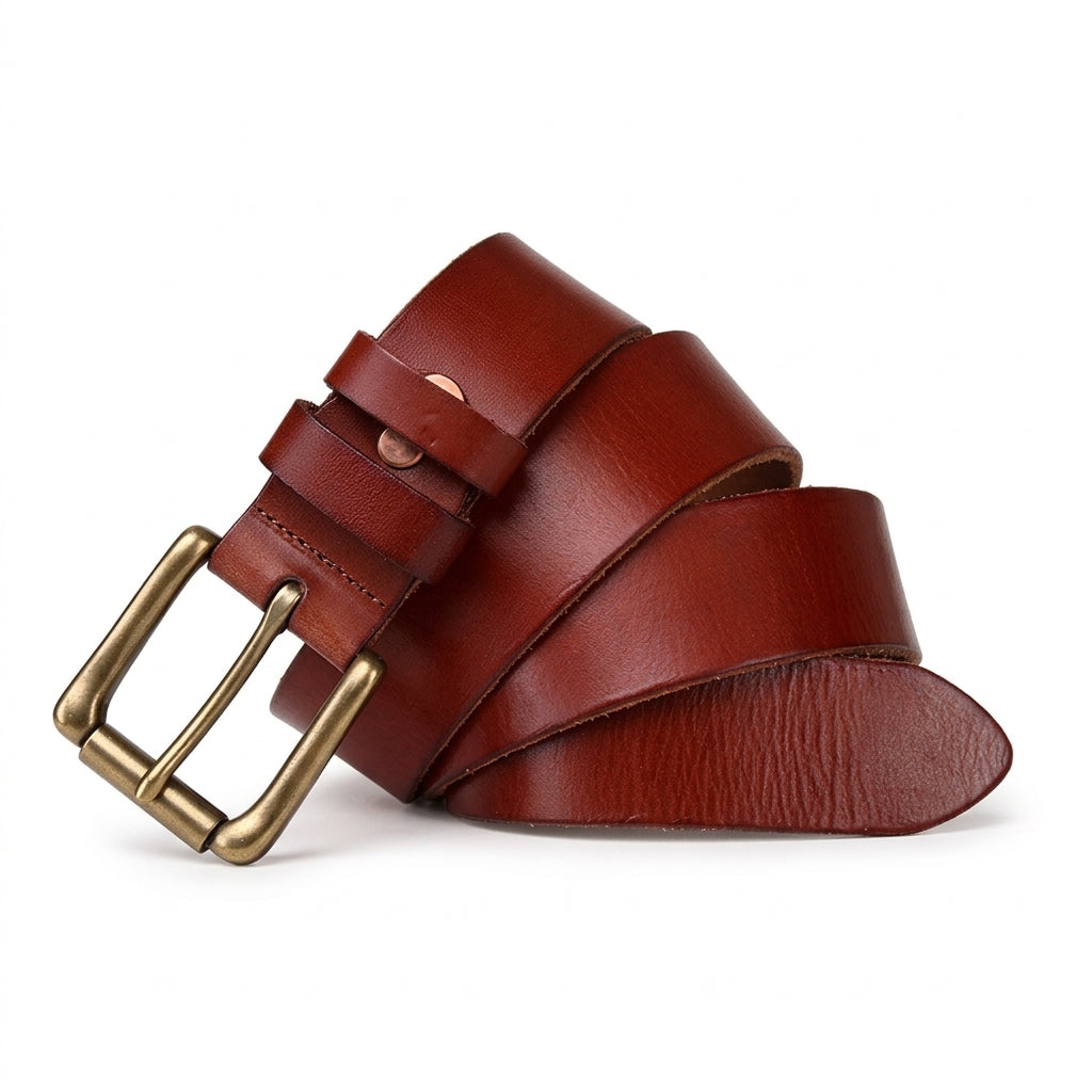 Ceinture homme artisanale Villandry en cuir de vachette pleine fleur marron avec boucle ardillon carrée en cuivre