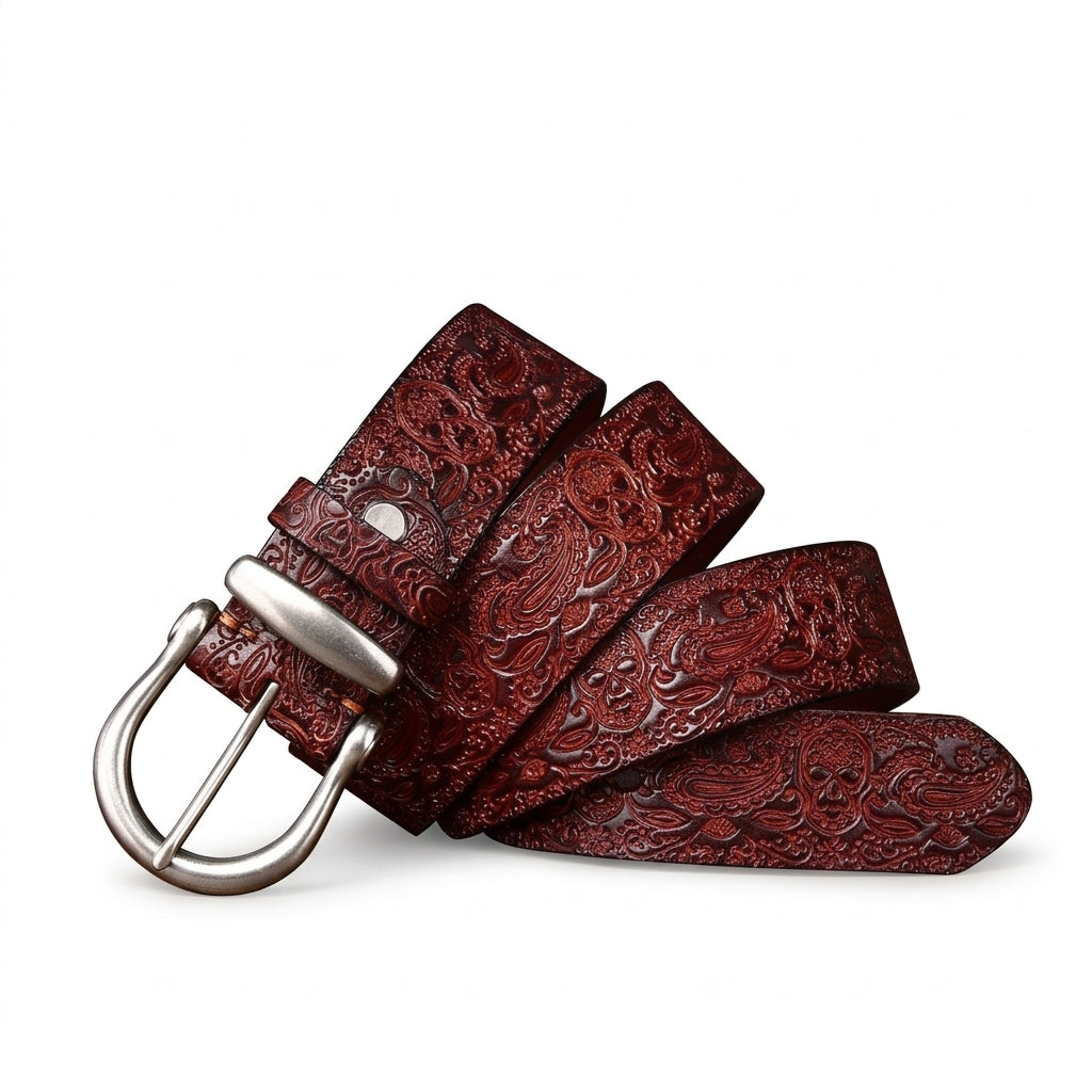 Ceinture homme Talleyrand en cuir pleine fleur marron avec gaufrage sculpté style baroque et boucle ardillon en alliage argenté brossé