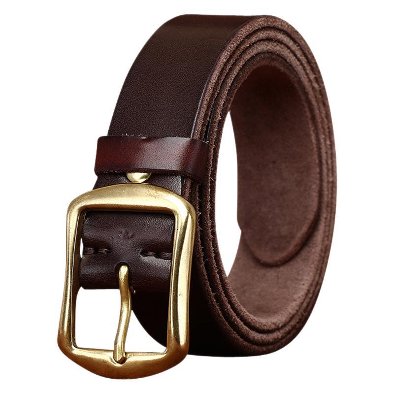 Ceinture Valençay en cuir de vachette pleine fleur marron vieilli avec boucle ardillon en cuivre massif doré