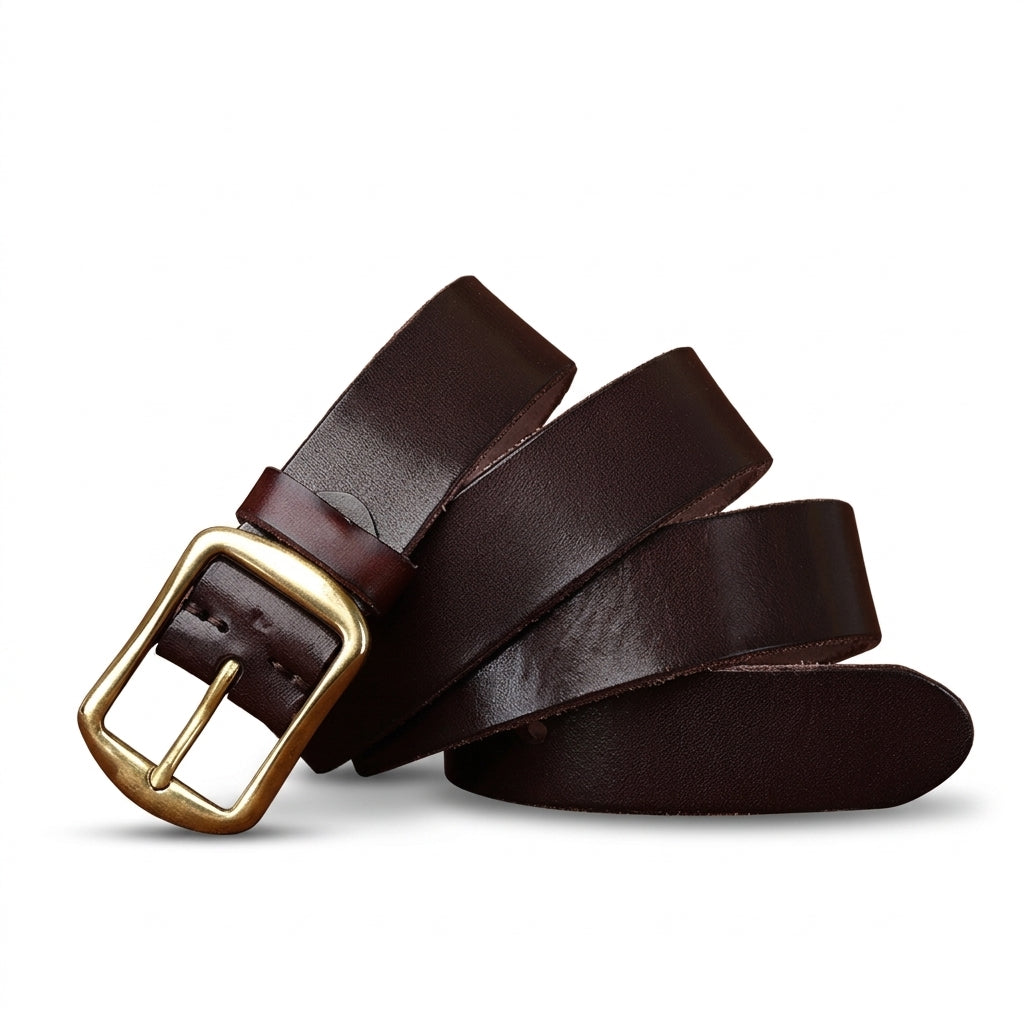 Ceinture Valençay en cuir pleine fleur marron foncé avec boucle ardillon en cuivre massif doré, style vintage et finitions artisanales.