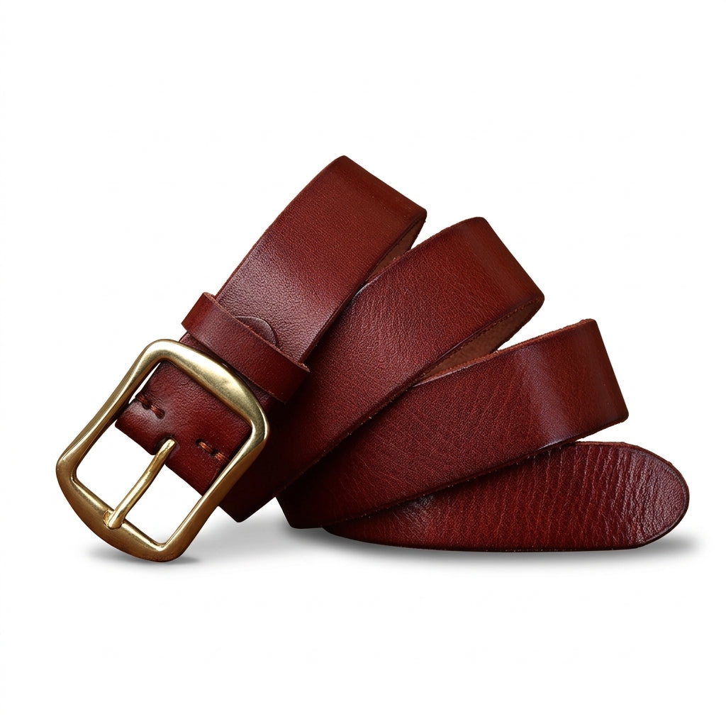 Ceinture Valençay en cuir de vachette pleine fleur marron patiné avec boucle ardillon en cuivre massif doré