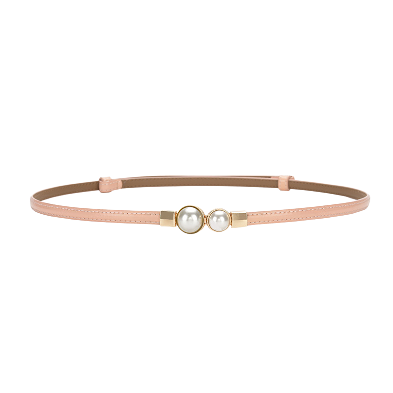 Ceinture fine Chamonix rose clair en cuir avec deux perles nacrées et boucle dorée