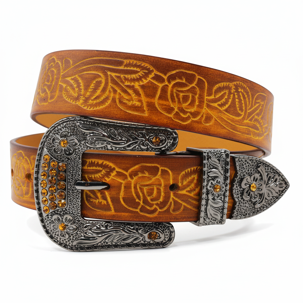 Ceinture western homme Chardon en cuir marron avec motif floral embossé de roses et boucle ardillon argentée ornée de strass ambrés.