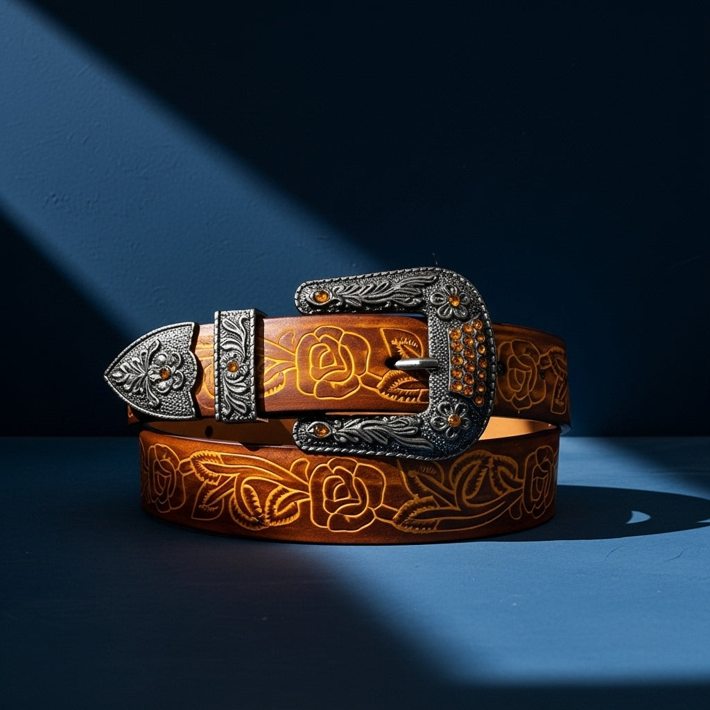 Ceinture Chardon homme en cuir marron avec motif floral embossé de roses et boucle ardillon argentée ornée de strass. Style western #fullwidth
