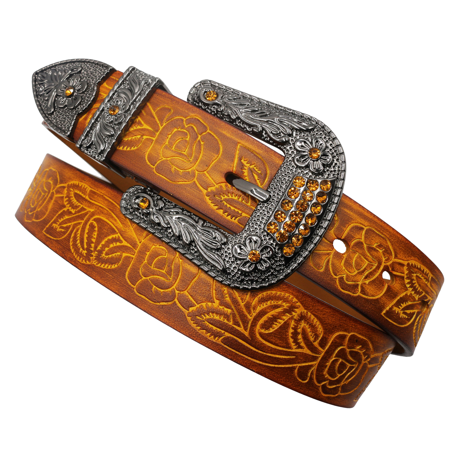 Ceinture pour homme Chardon en cuir marron texturé avec motif floral embossé de roses et boucle argentée ornée de strass couleur ambre.